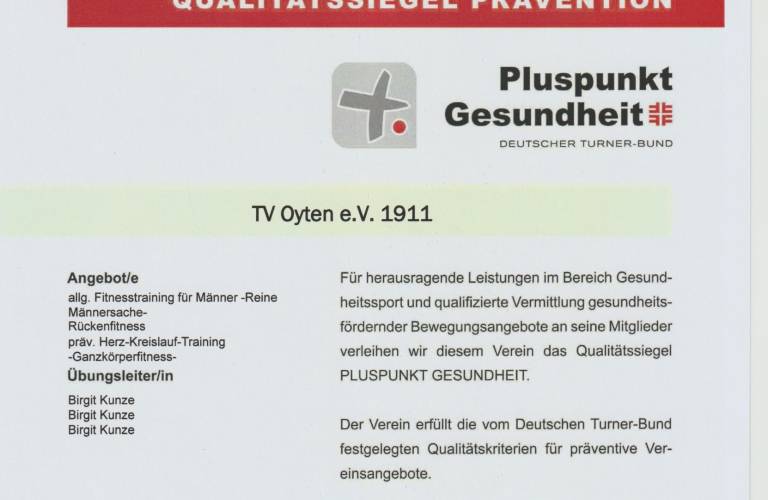 Qualitätssiegel Prävention - Pluspunkt Gesundheit für den TV Oyten